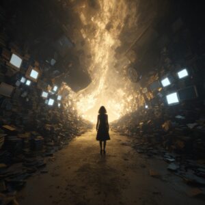 A woman walking through an ally of floating screens, representing how distractions are wasting her time.