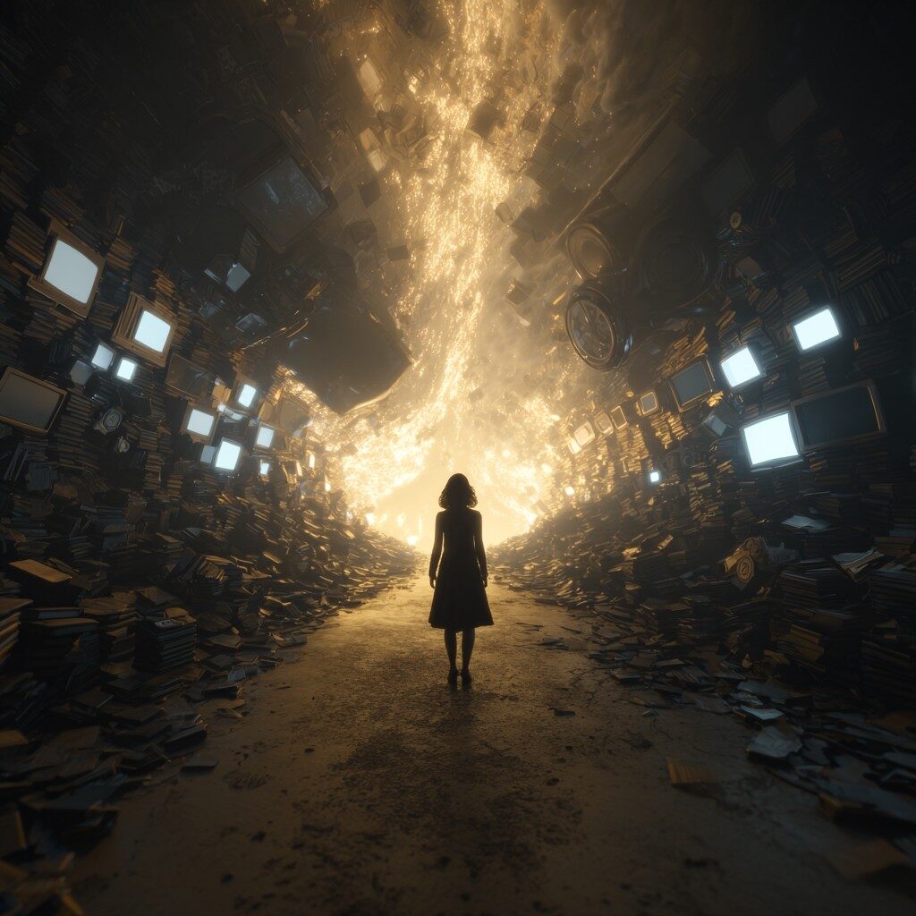 A woman walking through an ally of floating screens, representing how distractions are wasting her time.