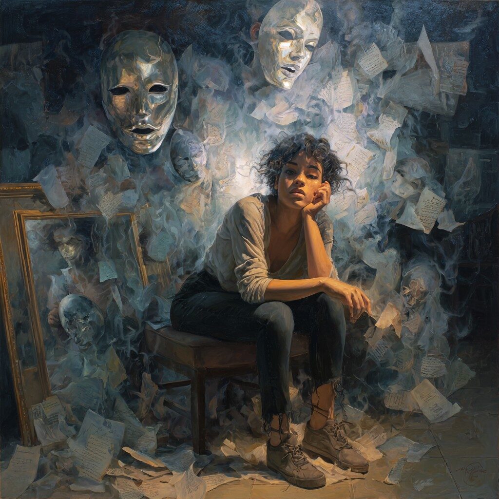 A contemplative woman sits amid swirling pages and floating masks, surrounded by mirrors and smoke, embodying emotional struggle and introspection.