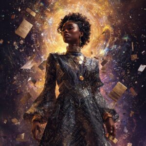 A racially ambiguous woman standing in a cosmic void where atoms swirl like glowing stars around her. Her body radiates prisms of light, forming the word “HUEMAN” in luminous fragments. Fractured mirrors float around her, each inscribed with words—matter, illusion, identity, reality—shattering into beams of light. She holds a golden key in one hand and an open doorway of light stands behind her, symbolizing consciousness and awareness. Mystical, ethereal, hyper-detailed, cinematic, surreal, 16:9 aspect ratio.