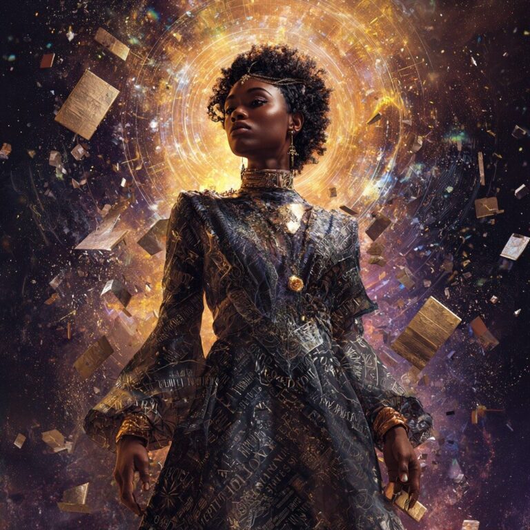 A racially ambiguous woman standing in a cosmic void where atoms swirl like glowing stars around her. Her body radiates prisms of light, forming the word “HUEMAN” in luminous fragments. Fractured mirrors float around her, each inscribed with words—matter, illusion, identity, reality—shattering into beams of light. She holds a golden key in one hand and an open doorway of light stands behind her, symbolizing consciousness and awareness. Mystical, ethereal, hyper-detailed, cinematic, surreal, 16:9 aspect ratio.
