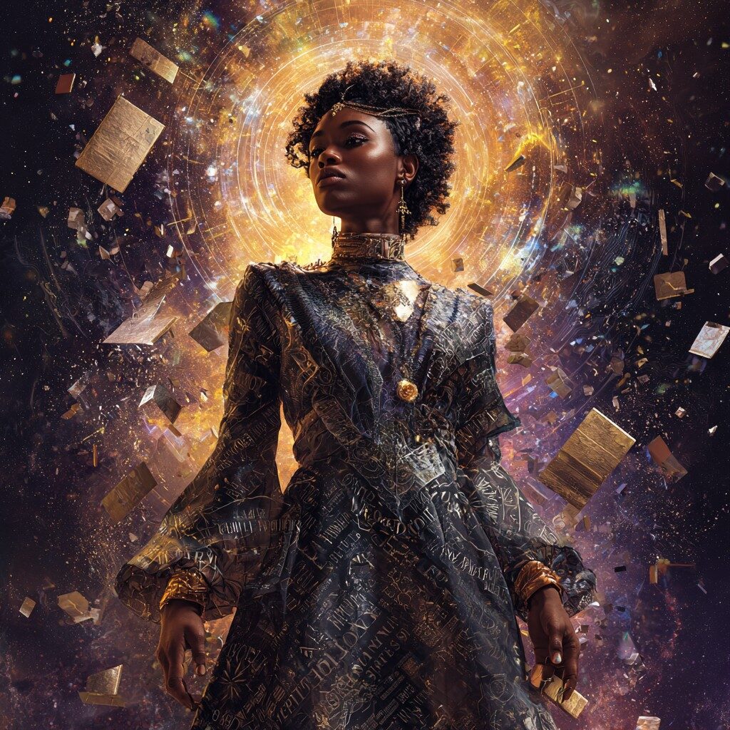 A racially ambiguous woman standing in a cosmic void where atoms swirl like glowing stars around her. Her body radiates prisms of light, forming the word “HUEMAN” in luminous fragments. Fractured mirrors float around her, each inscribed with words—matter, illusion, identity, reality—shattering into beams of light. She holds a golden key in one hand and an open doorway of light stands behind her, symbolizing consciousness and awareness. Mystical, ethereal, hyper-detailed, cinematic, surreal, 16:9 aspect ratio.