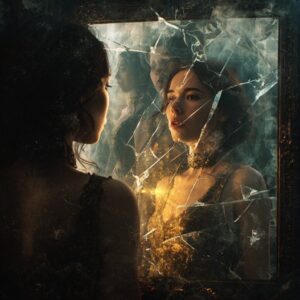 A racially ambiguous woman faces a cracked mirror with multiple reflections of herself—angry, heartbroken, radiant—symbolizing toxic love, heartbreak, and self-discovery.
