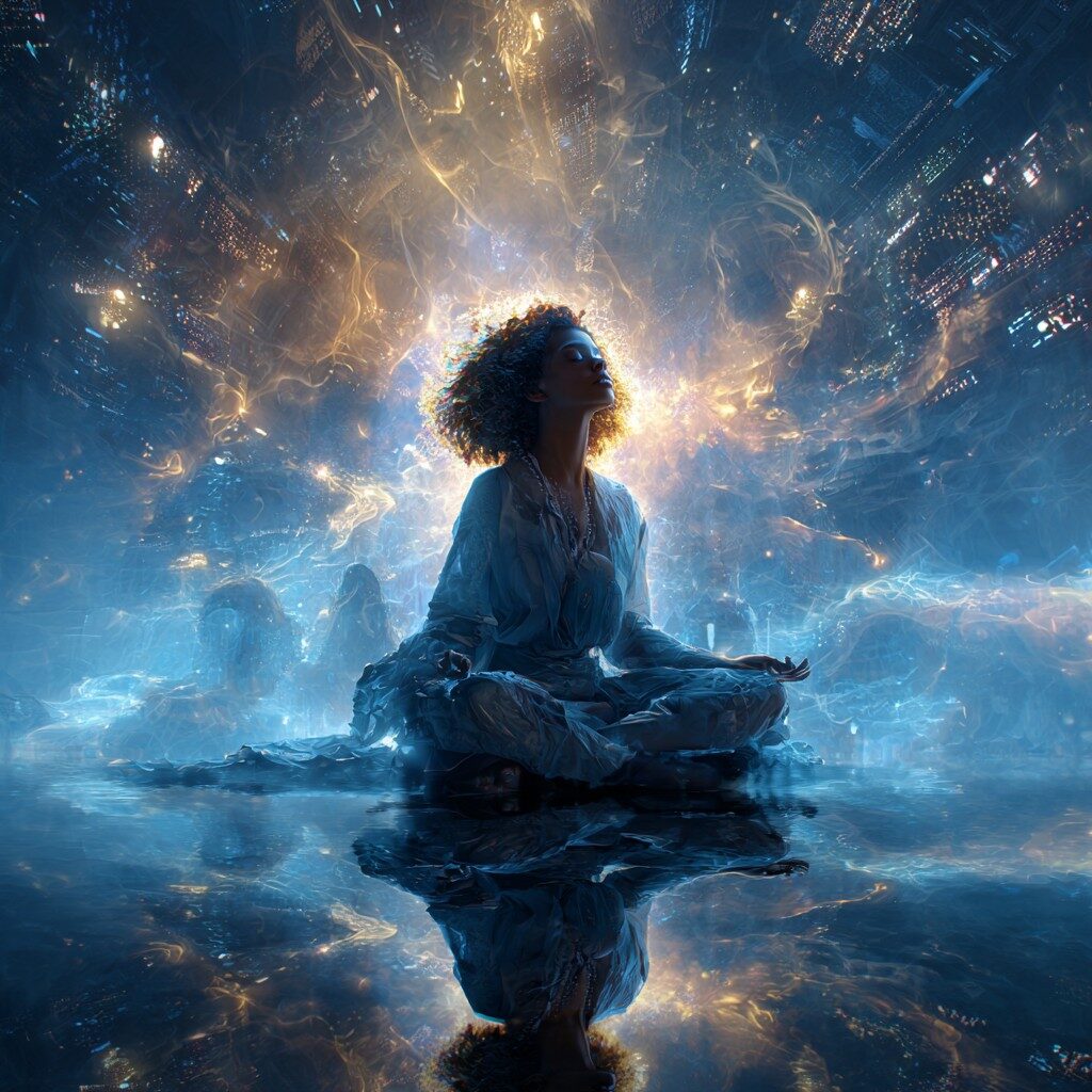 A racially ambiguous woman meditating under a vast cosmic sky, surrounded by glowing reflections of herself symbolizing God, Gods, and Higher Self, as golden streams of energy connect them while worldly distractions dissolve into mist.