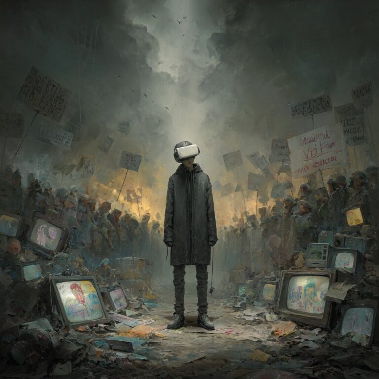 A lone figure wearing a VR mask stands defiantly amid a dystopian wasteland, surrounded by crumbling luxury goods, broken television screens, and crowds lost in virtual reality headsets. Ghostly words like “fear” and “compliance” swirl above in smoke as protest signs and children’s drawings are buried beneath ash.