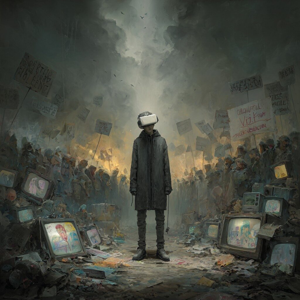 A lone figure wearing a VR mask stands defiantly amid a dystopian wasteland, surrounded by crumbling luxury goods, broken television screens, and crowds lost in virtual reality headsets. Ghostly words like “fear” and “compliance” swirl above in smoke as protest signs and children’s drawings are buried beneath ash.