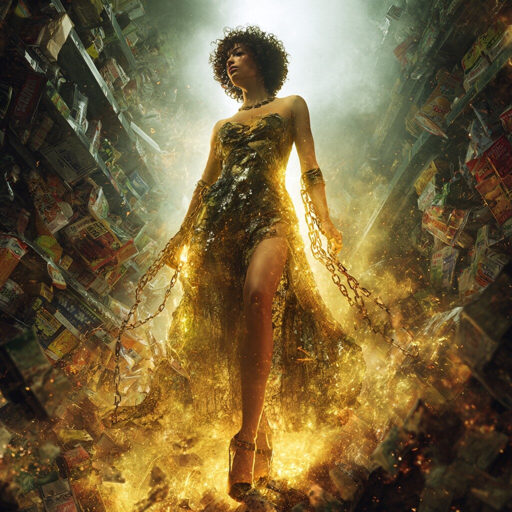 A racially ambiguous woman in red stilettos breaking free from glowing chains, standing tall in a storm of shattered advertisements and burning dollar bills, radiant with golden light as supermarket aisles crumble into dust.