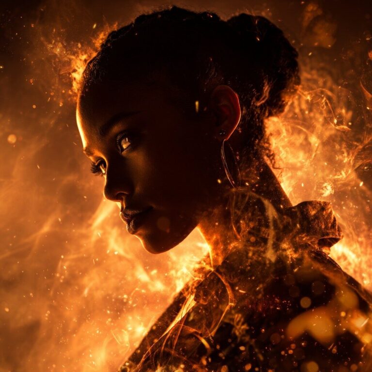 A racially ambiguous woman standing in swirling flames and smoke, her silhouette radiant with sparks shaped like poetry, music, and warrior symbols, embodying fire and resilience.