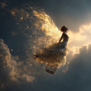 A racially ambiguous woman with golden wings rises into a luminous sky as a broken cage dissolves below, symbolizing freedom, self-love, and limitless potential.