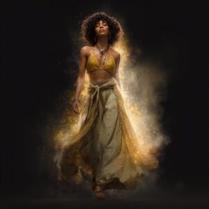 A racially ambiguous woman steps confidently from shadows into golden light, her aura glowing as voices of doubt fade behind her, symbolizing resilience and self-confidence.
