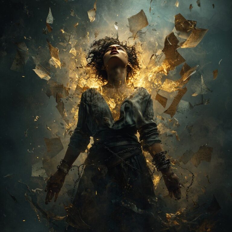 My Voice" poem by Alethea Jimison – dramatic figure breaking free, golden light, and expressive energy representing self-empowerment