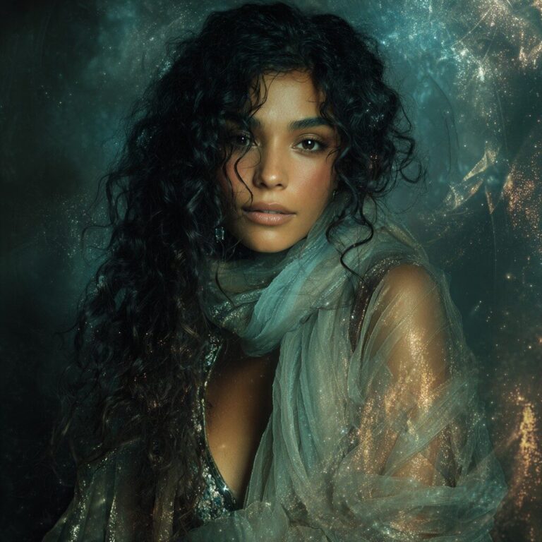 A racially ambiguous woman draped in flowing silk scarves, her dark hair cascading like waterfalls, surrounded by glowing metallic leaves, radiating divine feminine energy beneath a cosmic sky.