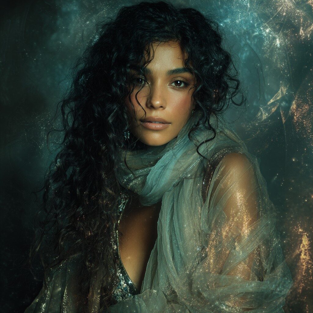A racially ambiguous woman draped in flowing silk scarves, her dark hair cascading like waterfalls, surrounded by glowing metallic leaves, radiating divine feminine energy beneath a cosmic sky.