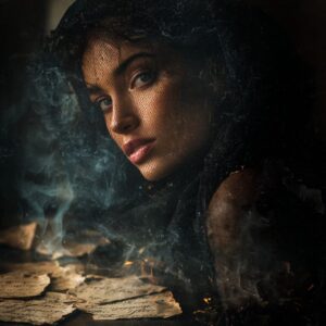 A racially ambiguous woman in shadows, surrounded by torn handwritten confessions and ghostly silhouettes, her face half-lit with golden light as if holding unspoken secrets.