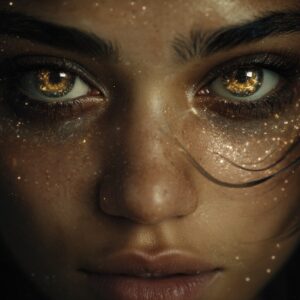 "Remember Your Power" poem by Alethea Jimison – ethereal cosmic scene with mythic figure golden eyes reflecting the galaxy, and a sense of awakening power