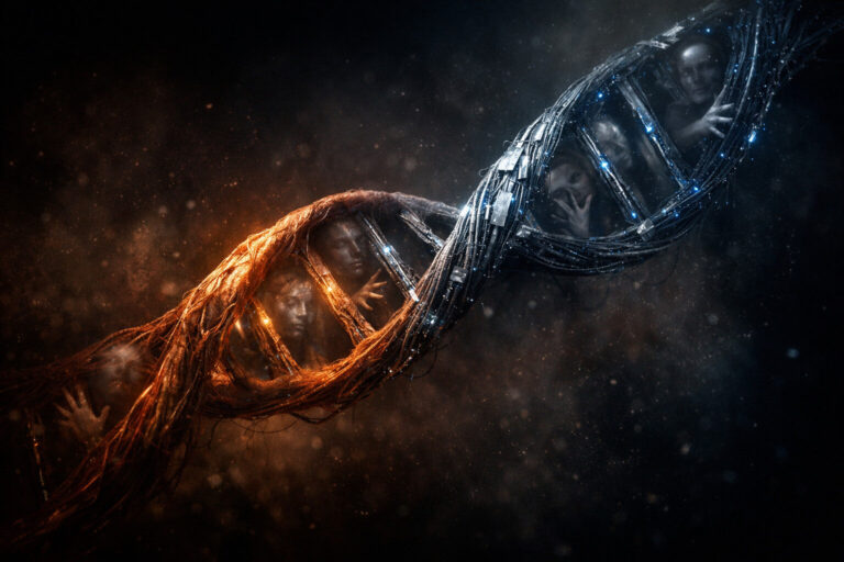 Symbolic landscape artwork of a DNA double helix suspended in a dark void, with one strand appearing organic and illuminated like flesh and roots, while the opposite strand transforms into metallic wires and circuitry. Faint, ghostlike human faces and hands are subtly embedded within the helix, suggesting the merging of humanity and technology.